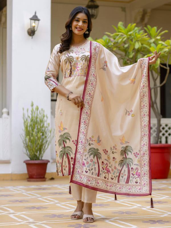 VP 9741 C Floral Printed Handwork Silk Straight Kurta With Trousers & Dupatta Suits